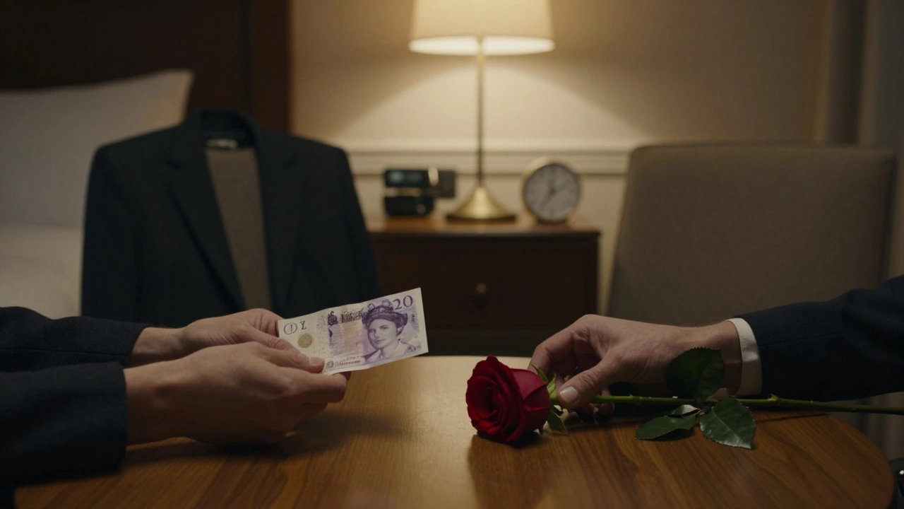 A £20 note and a red rose placed on a table between two empty chairs in a hotel room.