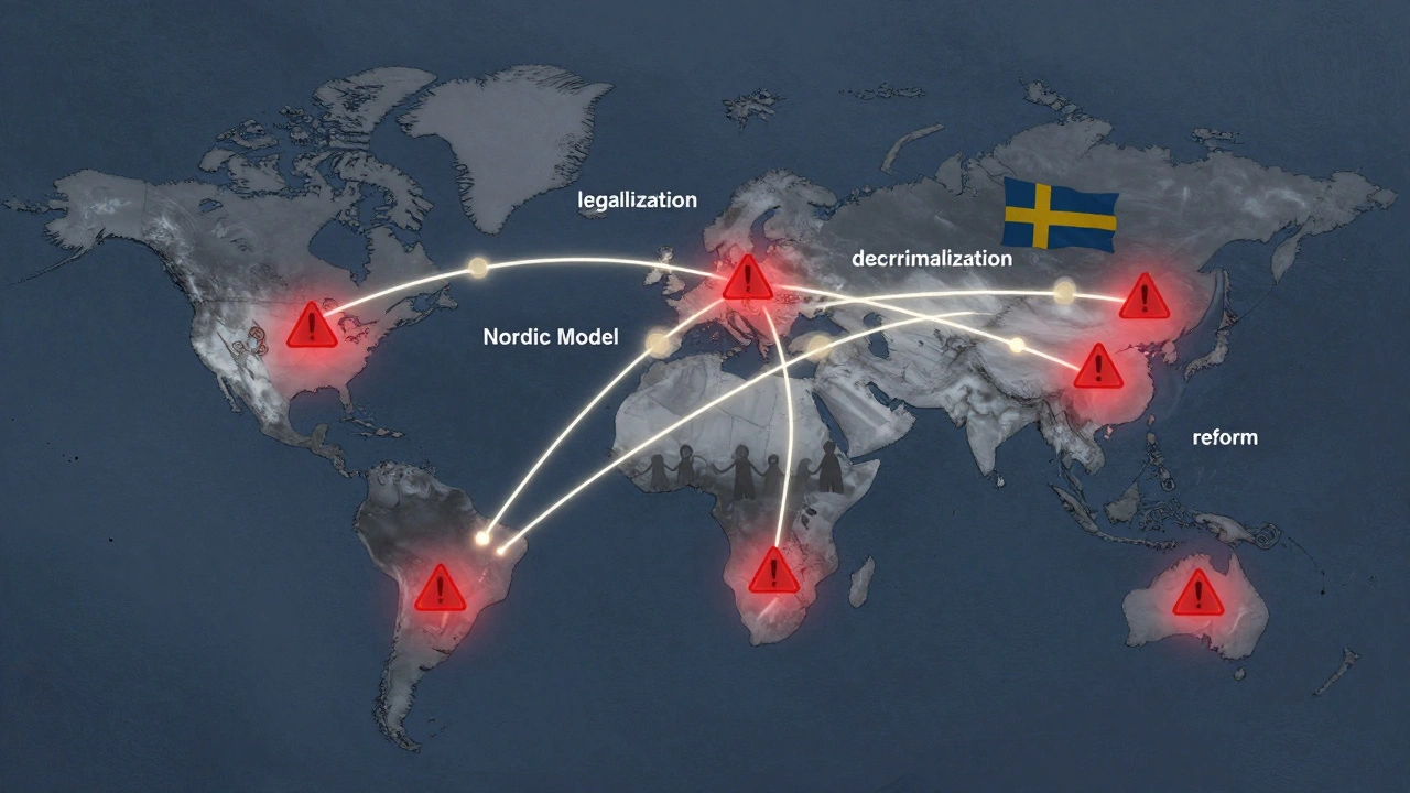 A global map with glowing policy threads connecting countries, showing decriminalization reducing harm.