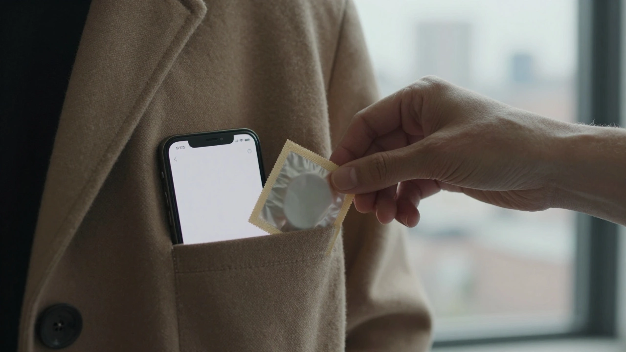 A hand placing a condom wrapper in a pocket, phone screen blank, symbolizing consent and detachment.
