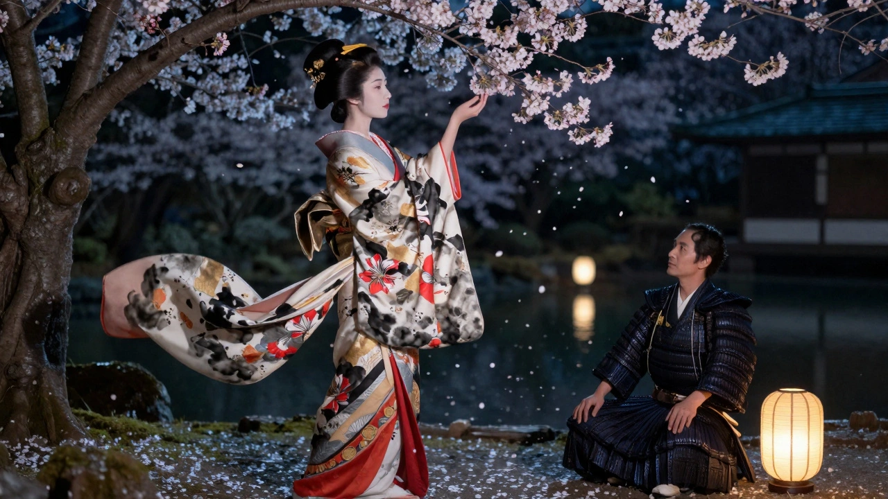 A Japanese courtesan stands in a moonlit garden, sharing silent understanding with a samurai.