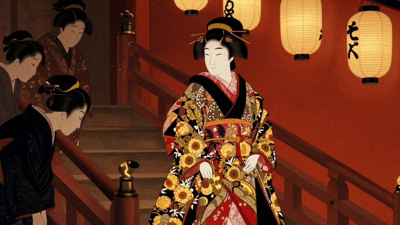 A Japanese oiran descending a lantern-lit staircase in elaborate ceremonial dress.
