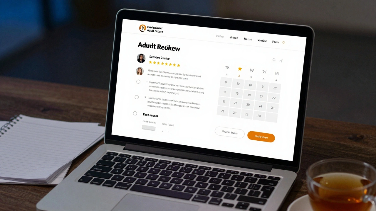 A laptop displaying a professional escort website with verified reviews and secure booking options, no faces shown.