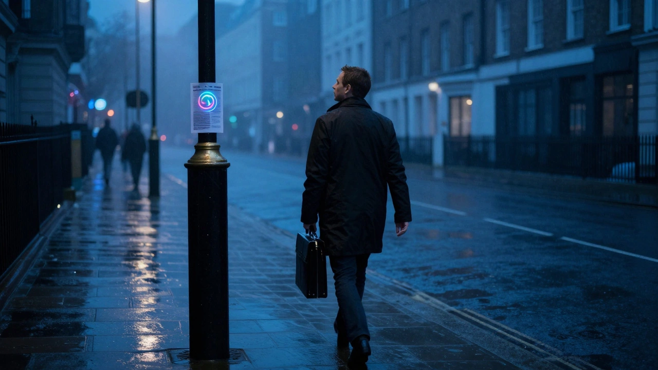A lonely figure walking at night in London, glancing at a discreet escort service flyer.