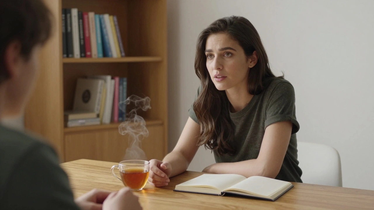 A modern woman practices deep listening with a friend, no devices in sight, in a warm, quiet room.