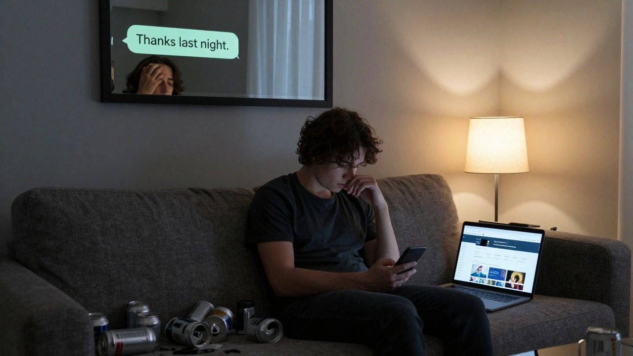 A person alone on a sofa, staring at a phone in a cluttered room with a dating app open.
