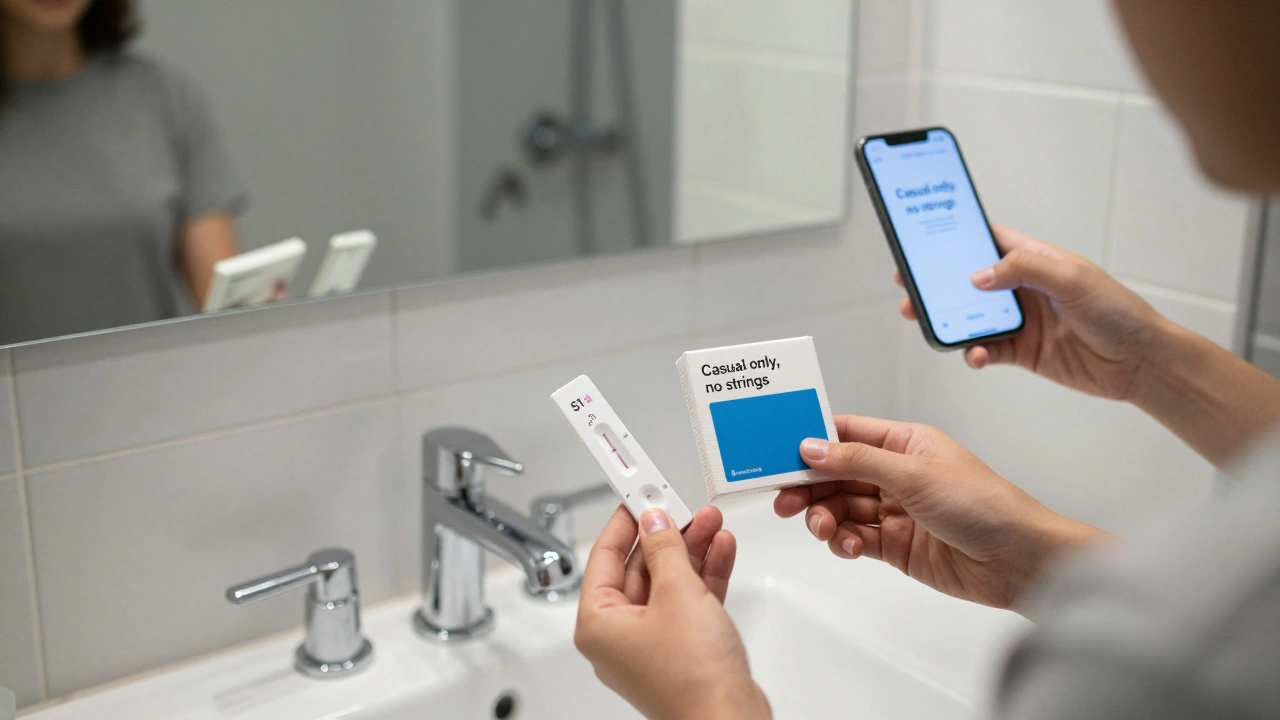 A person holding condoms and an STI test kit in front of a mirror, with a clear casual-only message on their phone.