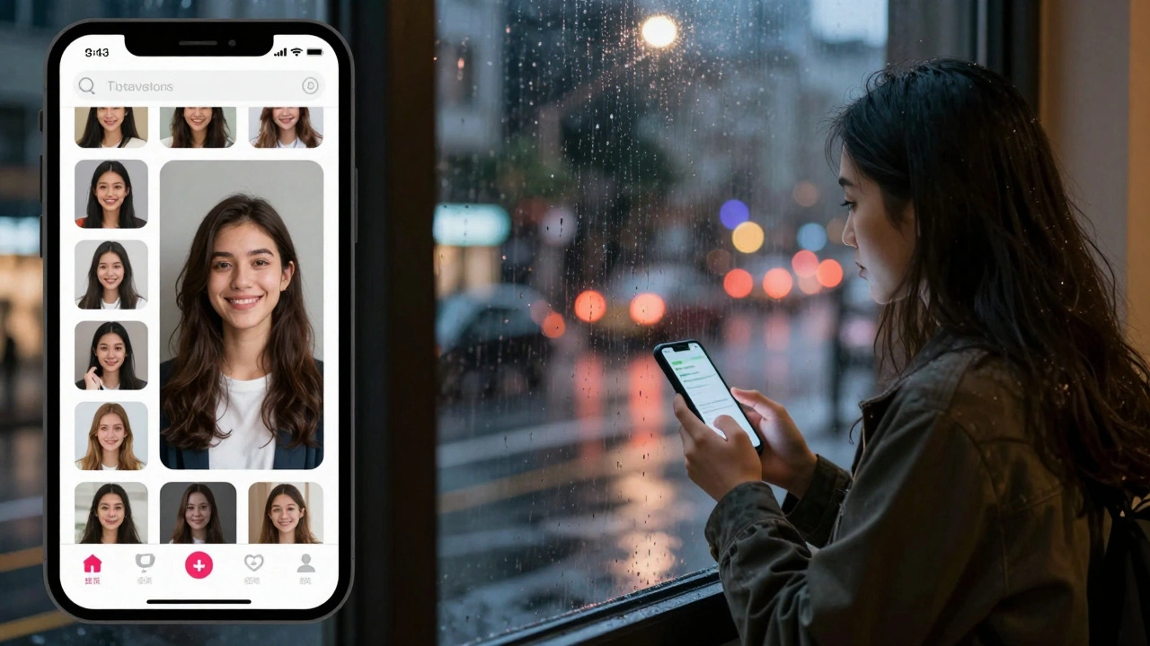 A person torn between dating app matches and solitary city views, symbolizing digital vs. real connection.