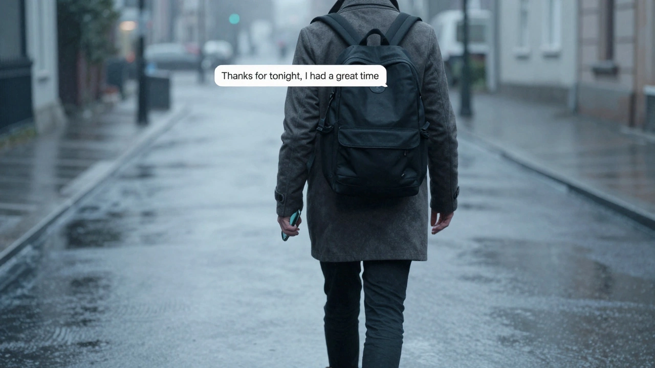 A person walking alone in a rainy city at dawn, holding a phone with a kind farewell message, symbolizing respectful closure.