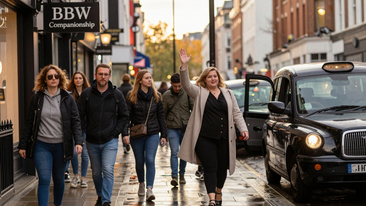 A plus-size woman in Soho, London, confidently greeting a client as people walk by on a golden evening.