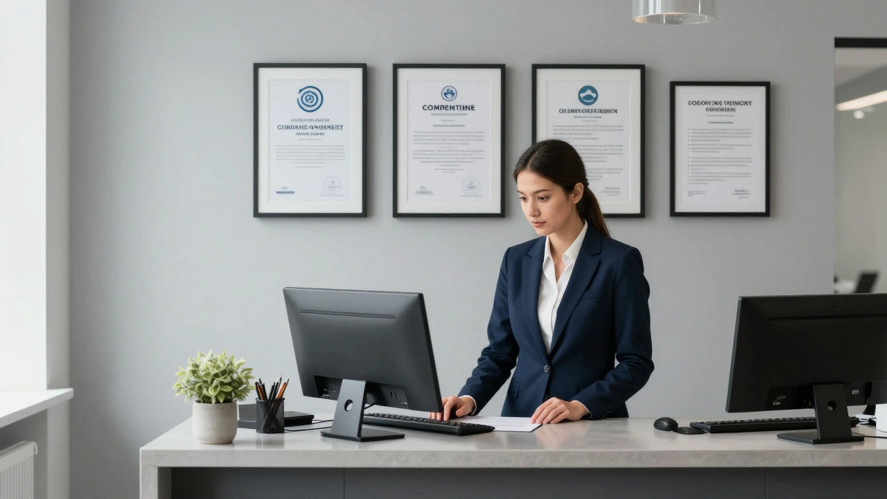 A professional agency office with credentials and confidentiality documents displayed, symbolizing trust and safety.