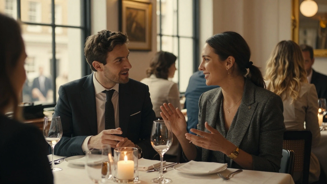 A professional man and woman enjoying a business dinner in a London restaurant.
