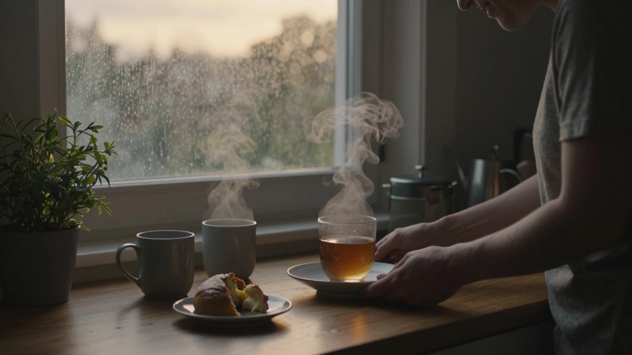 A quiet kitchen at dusk, two people sharing tea and a gentle smile near a rainy window.