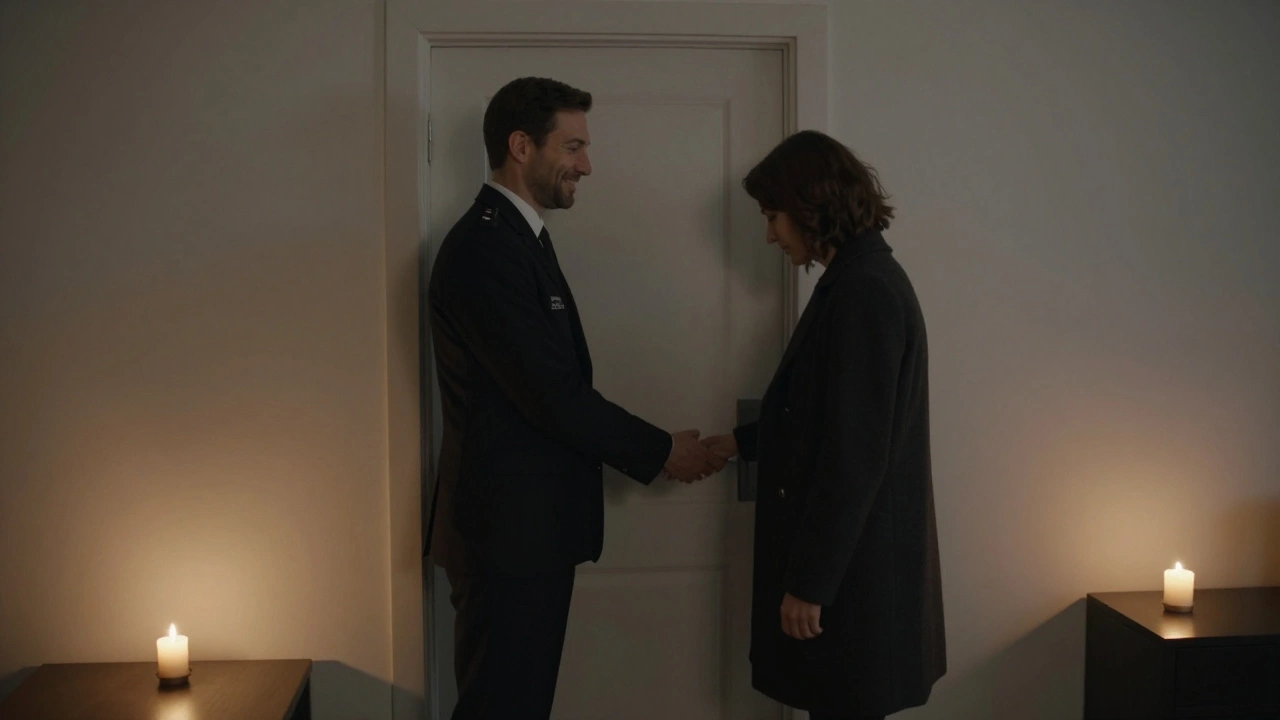 A respectful farewell at a doorway, with warm candlelight and a sincere, tender expression.