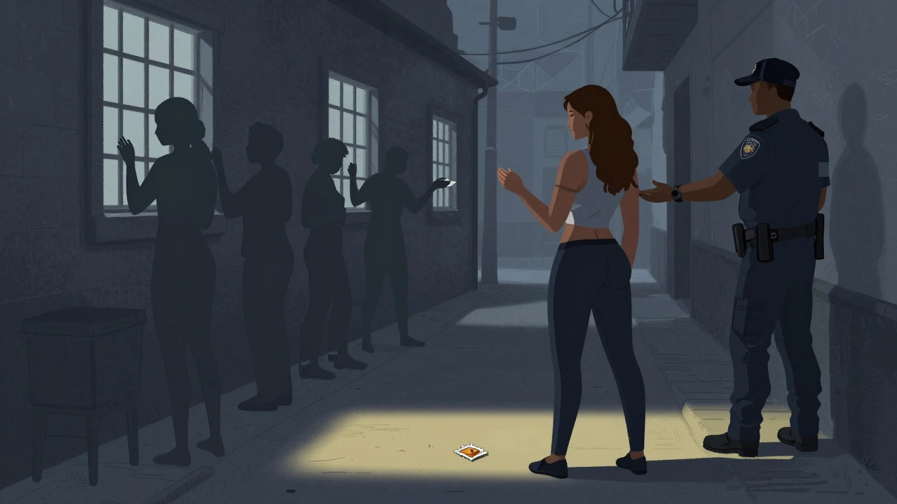 A sex worker in South Africa turning from a police officer, with shadows of others passing messages in an alley.