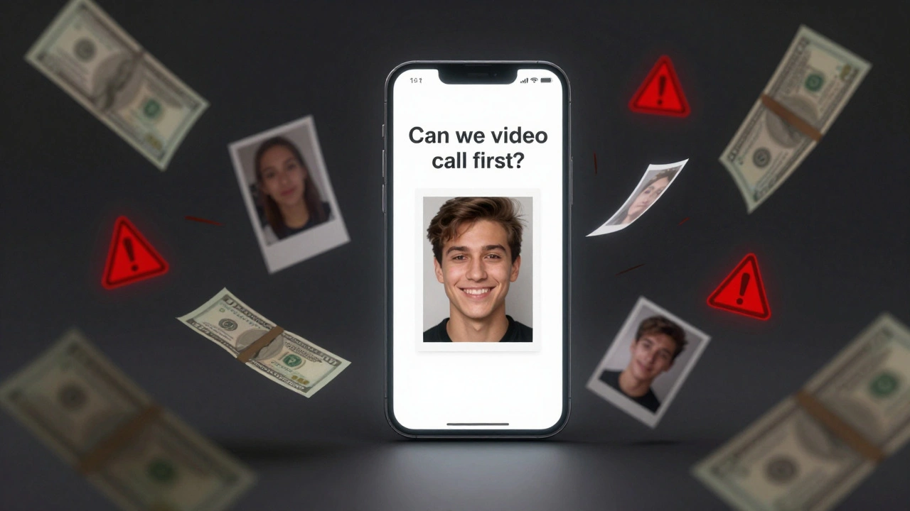 A smartphone screen showing a request for a video call, with deceptive images fading away.