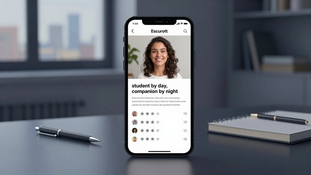 A smartphone showing a genuine escort profile with reviews on a desk in London.