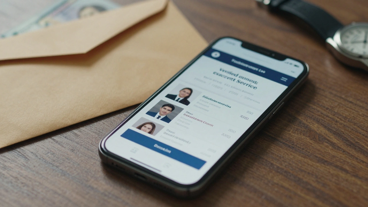 A smartphone shows a verified escort service website beside cash and a watch on a wooden table.