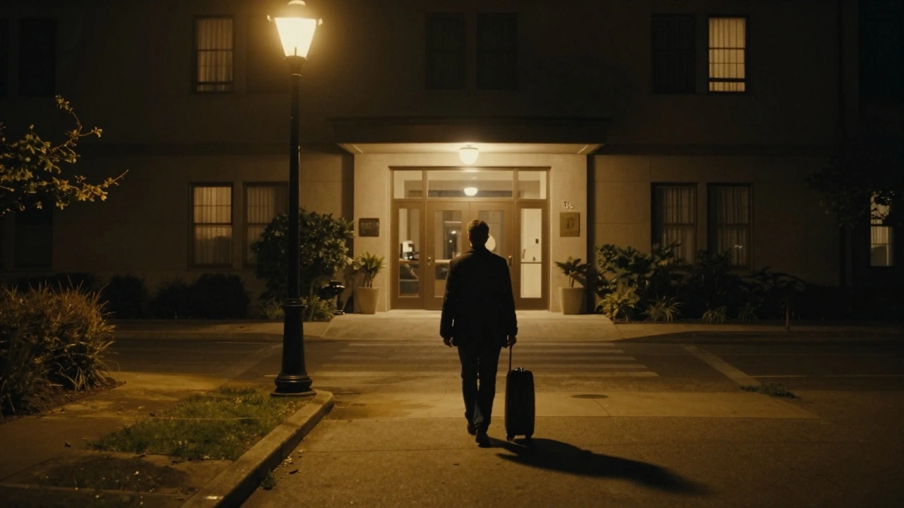 A solitary person walking toward a hotel at night, soft light ahead, conveying quiet determination and privacy.
