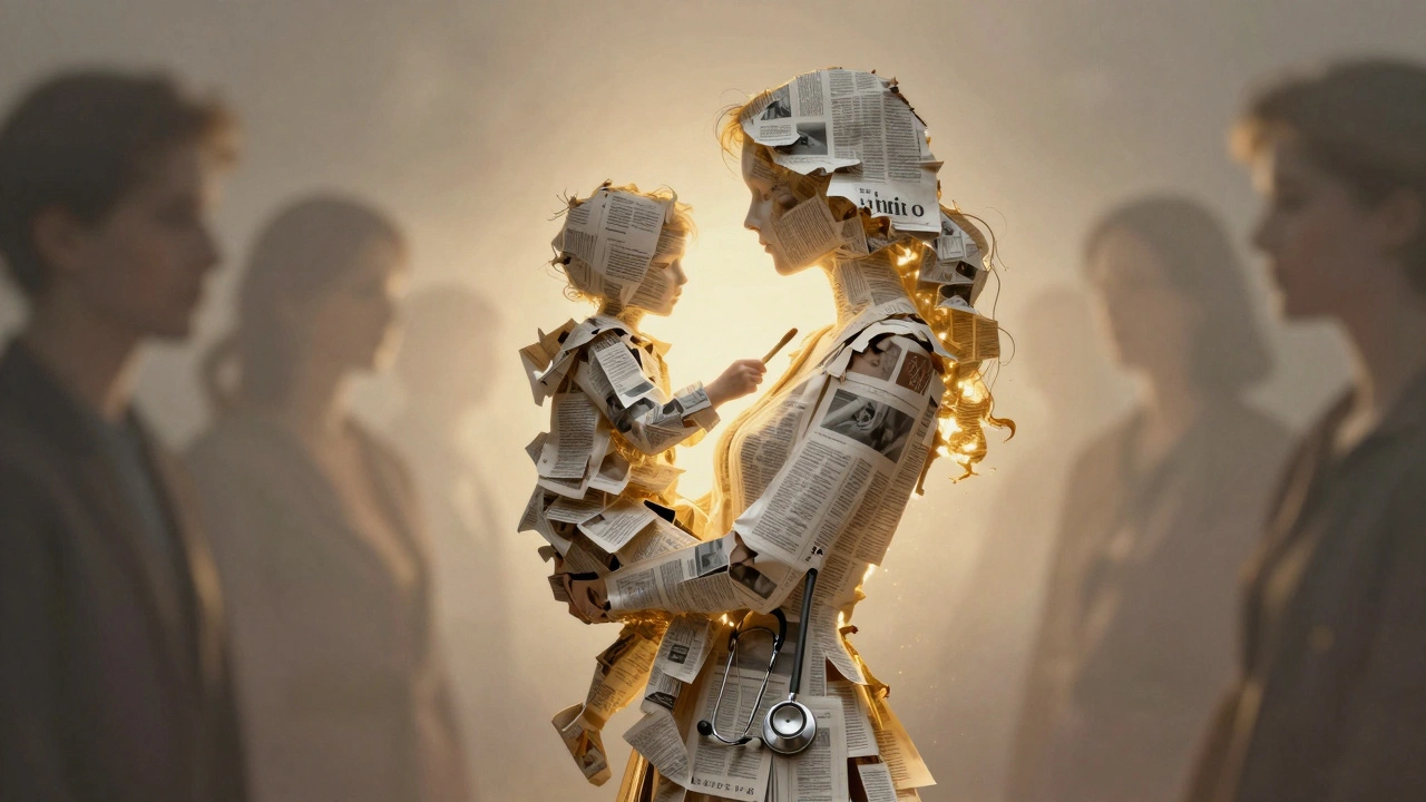 A woman&#039;s silhouette transforms from documents into symbols of motherhood, art, and care.