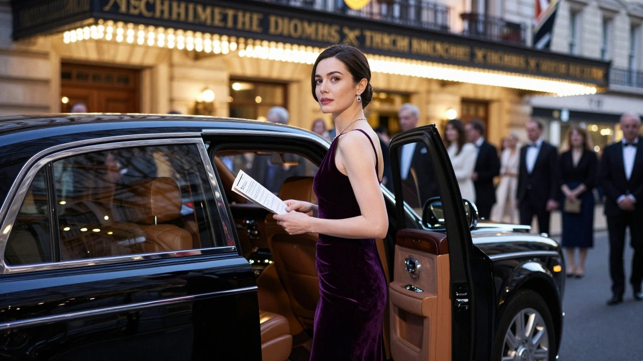 A woman exiting a luxury car at a London opera house, dressed in evening gown under spotlights.