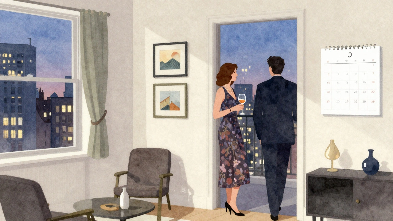 A woman standing by a window in a cozy London apartment, softly lit by evening light, as a figure departs quietly.