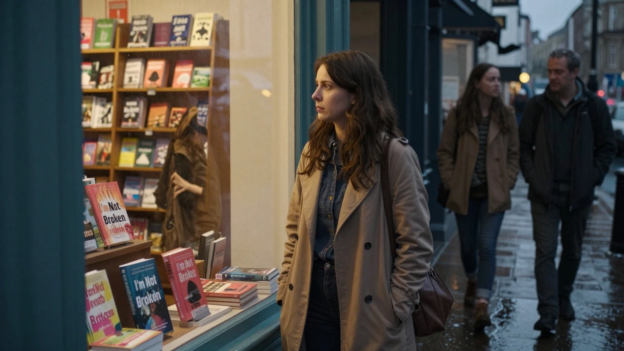 A woman stands before a bookstore window displaying her book, rain reflecting on the street.