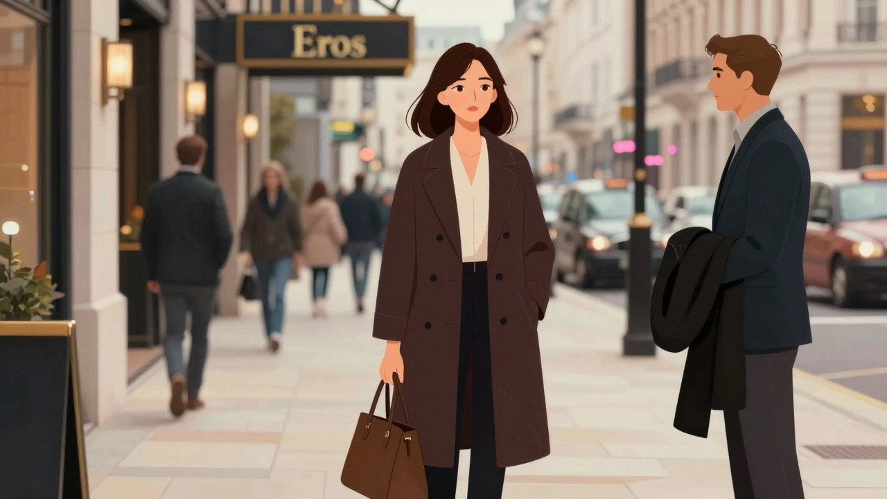 A woman waiting in a London hotel lobby, meeting a client for the first time in a safe public space.