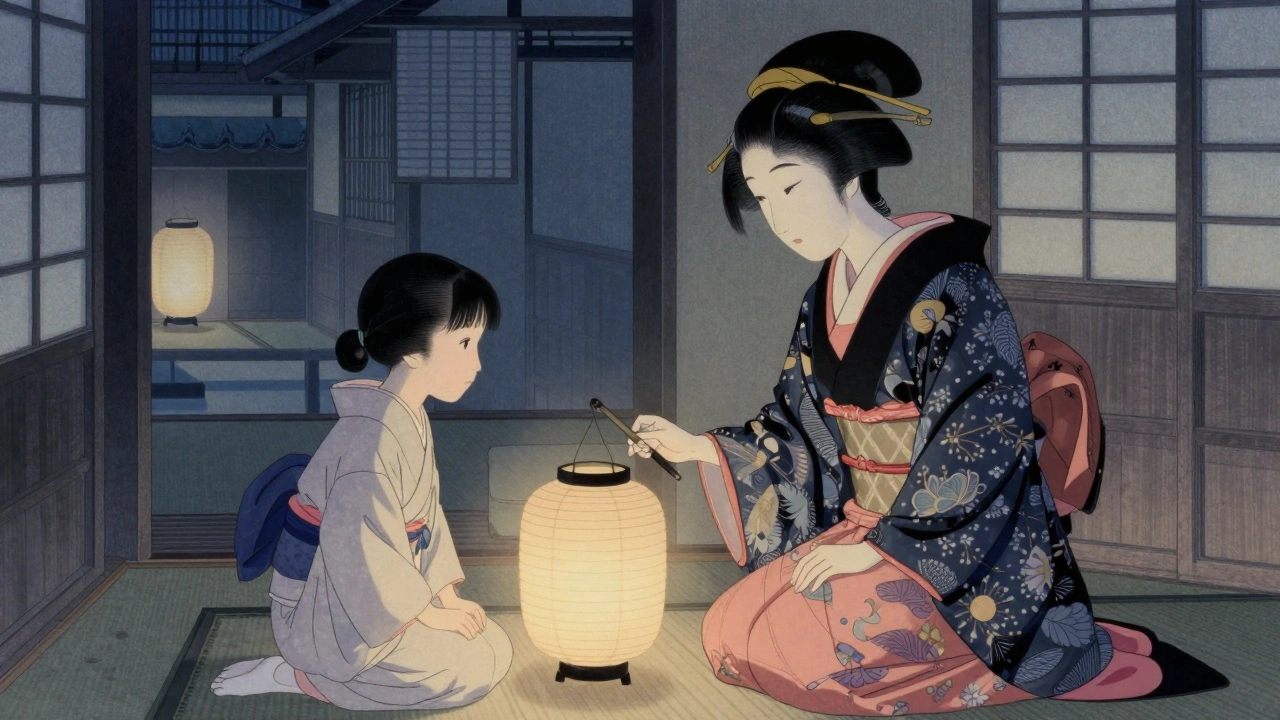 A young girl in Japan learns calligraphy from a senior courtesan in a quiet brothel corridor.