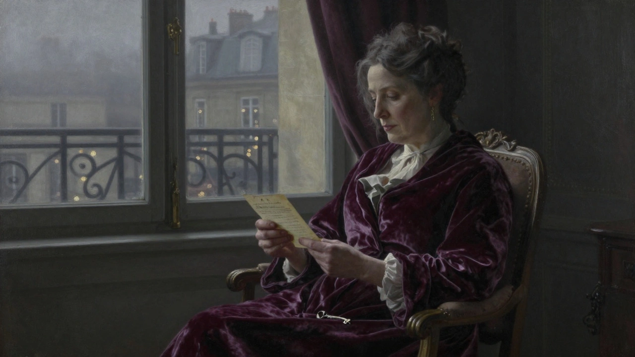 An aging courtesan in Paris holds a letter and property key, gazing out at foggy city lights.
