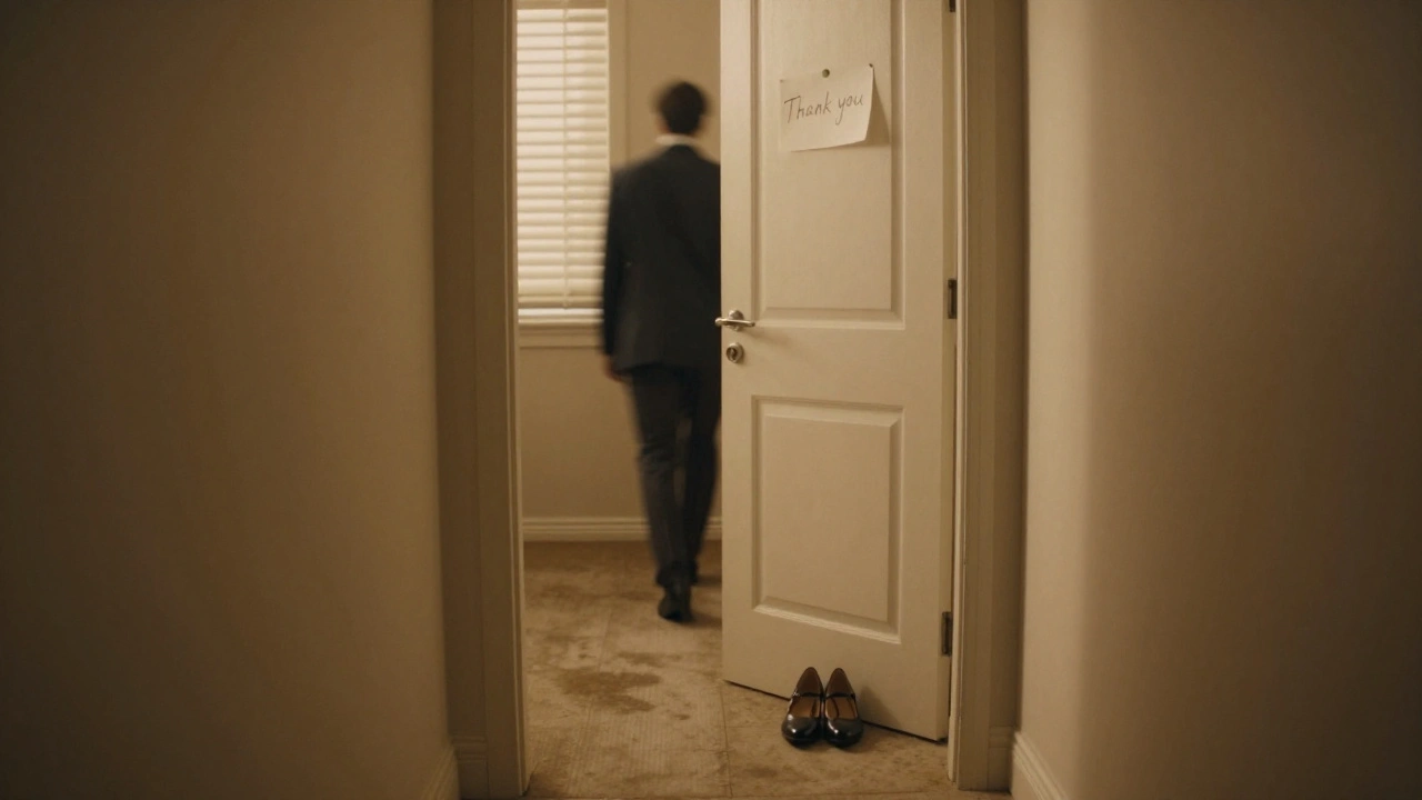 An empty hallway at dusk with shoes neatly placed outside a door and a thank-you note visible.
