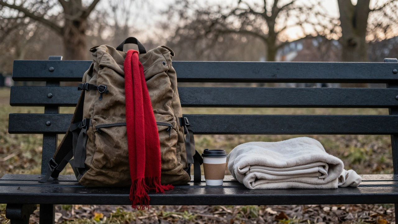 An empty park bench in Peckham holds a backpack and blanket, morning light revealing signs of survival.