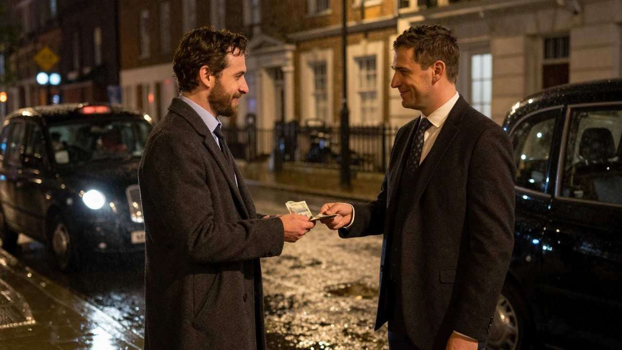 An escort and client exchanging payment outside a private apartment in rainy London at night.