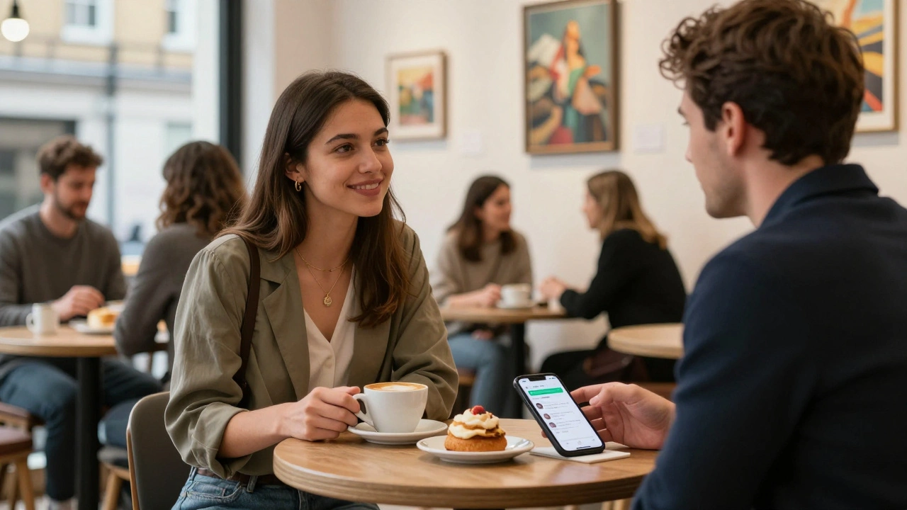 An independent escort and client enjoying coffee together in a London café, sharing a natural, personal moment.