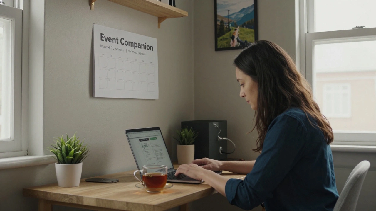 An independent escort works at a home office with a legal ad on the wall, drinking tea and typing on a laptop.