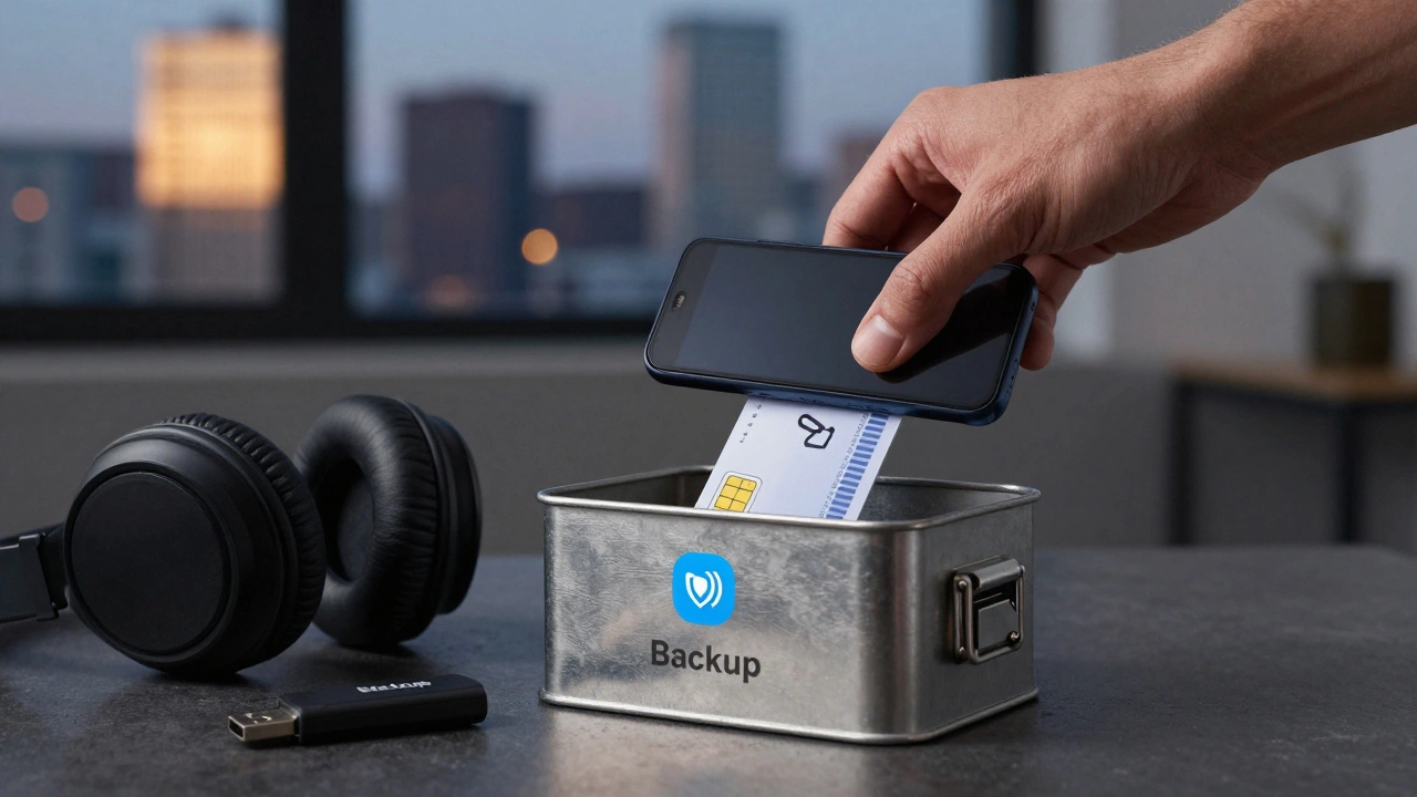 Burner phone and backup drive stored securely, symbolizing digital privacy and safety measures.