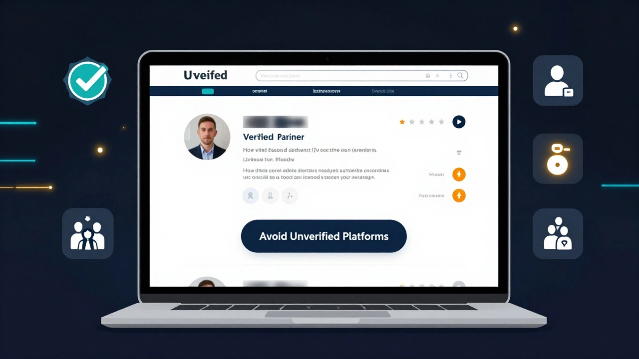 Digital profile platform with verified escorts and safety warnings on a laptop screen.