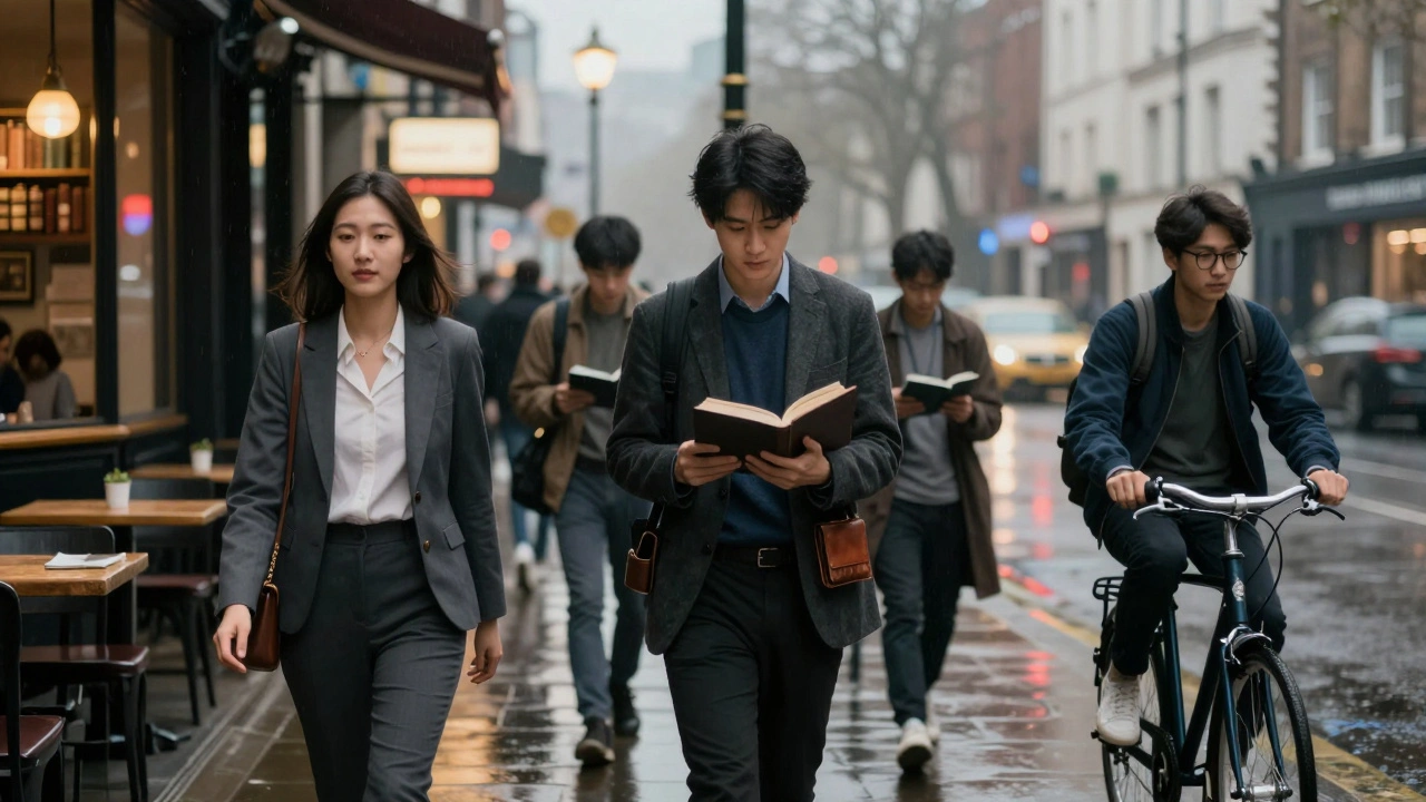 Diverse Asian professionals going about daily life in London, subtly hinting at hidden aspects of their work.