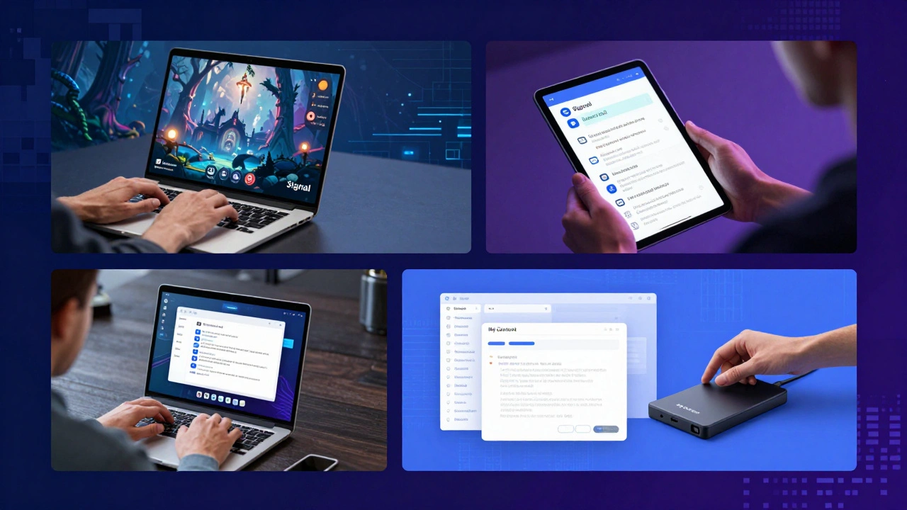 Diverse individuals managing digital sex work across devices with encrypted messaging and content organization.