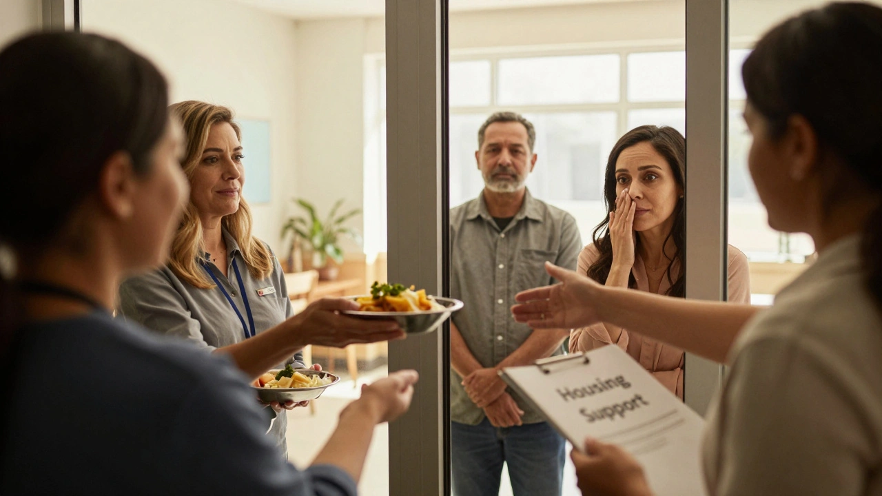 Hands reach from a community center door, offering food and support to someone hesitating to enter.