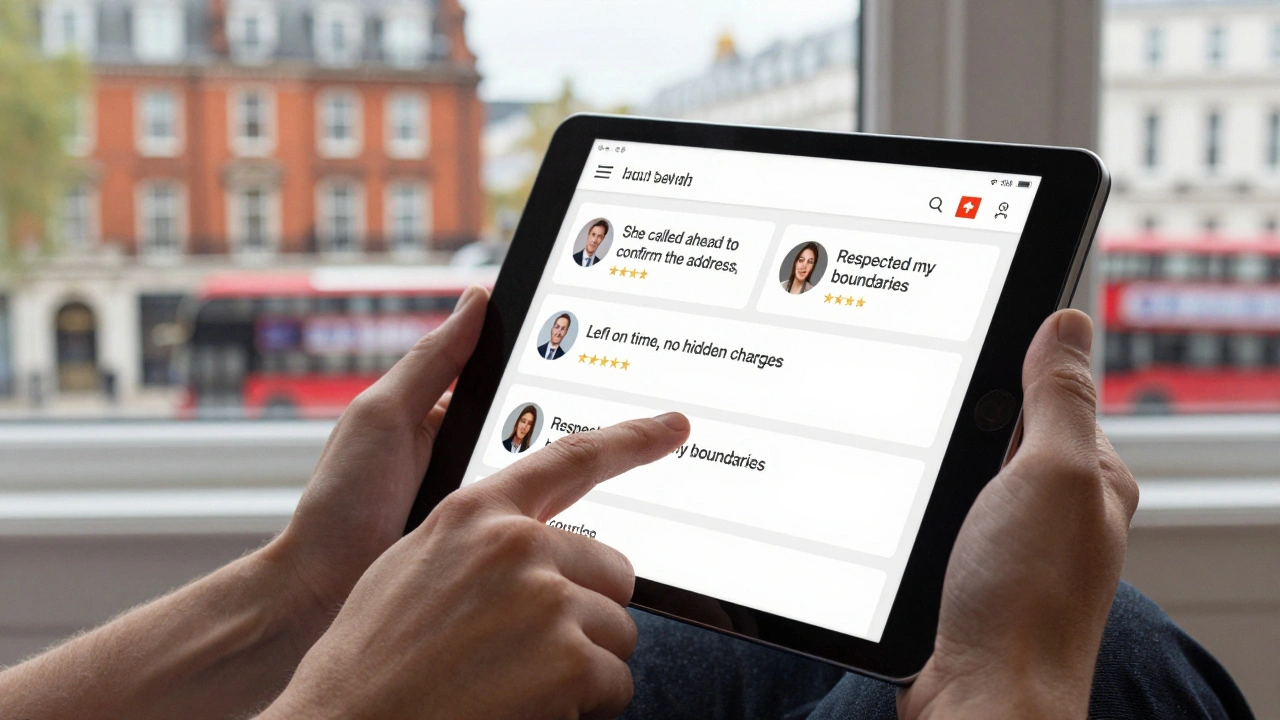 Hands scrolling through detailed client reviews on a tablet, with London landmarks softly visible in the background.