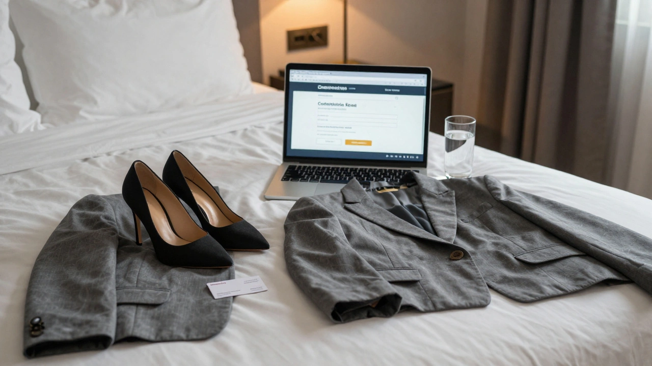 High-heeled shoes and blazer on a hotel bed with booking confirmation, symbolizing professional companionship.