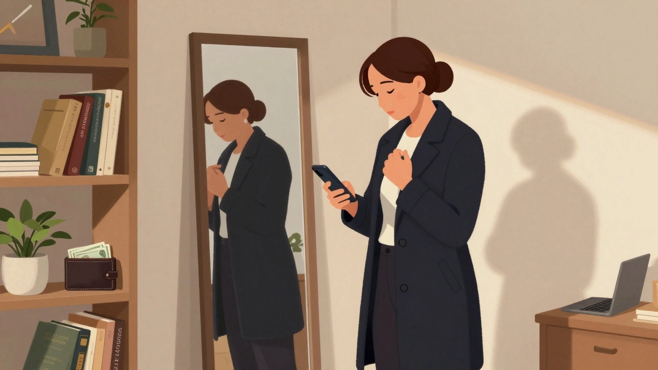 Independent escort preparing for a meeting in a tidy, modest apartment with warm daylight.