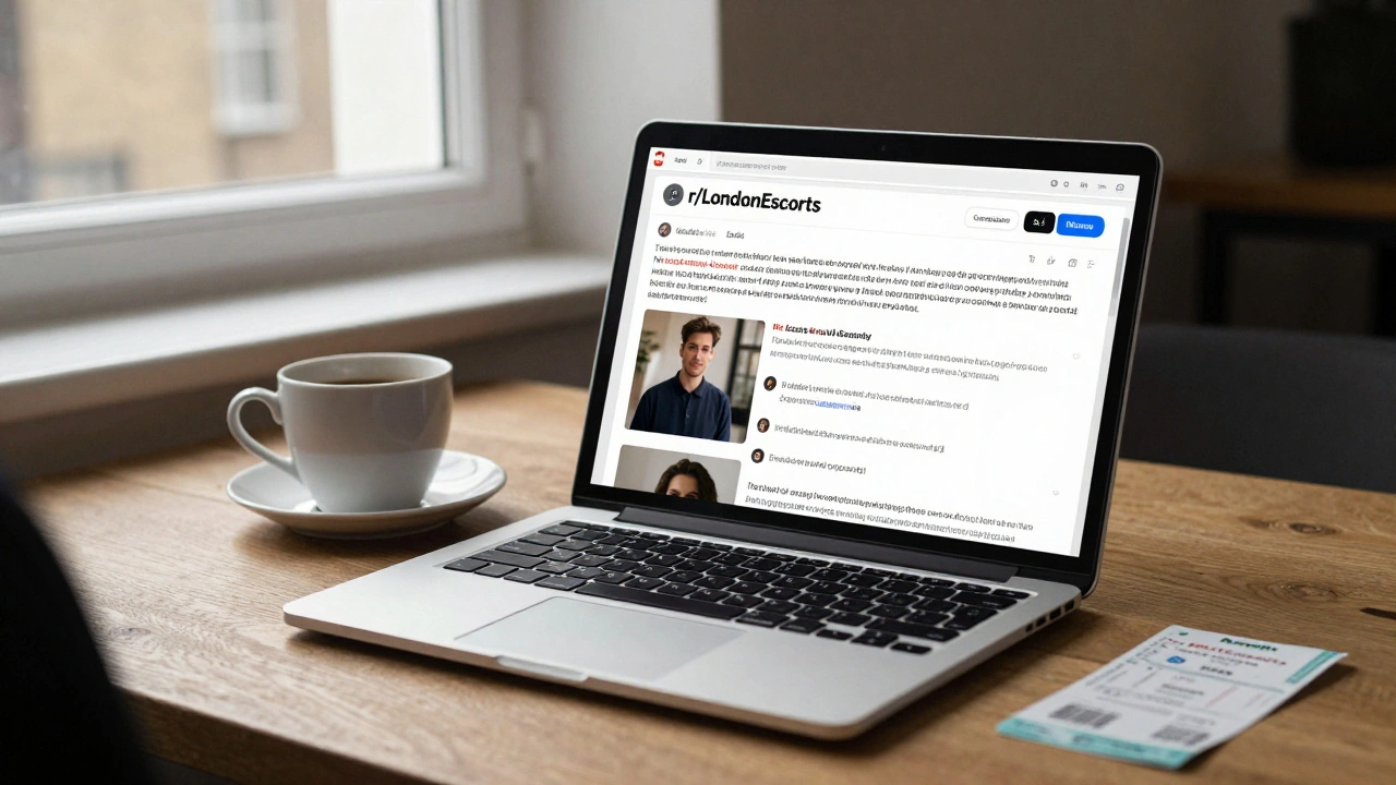 Laptop displaying a detailed Reddit review with personal items nearby in a London flat.