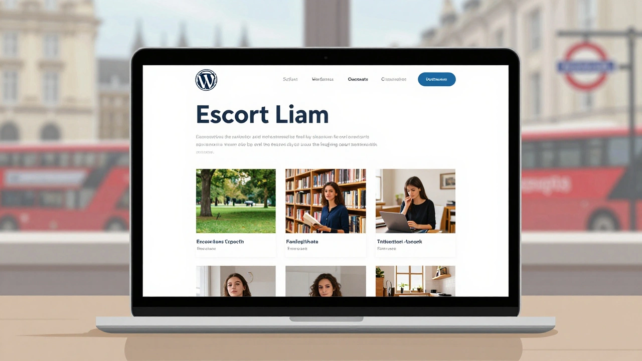 Laptop showing a simple personal website with candid photos of a woman in London locations.