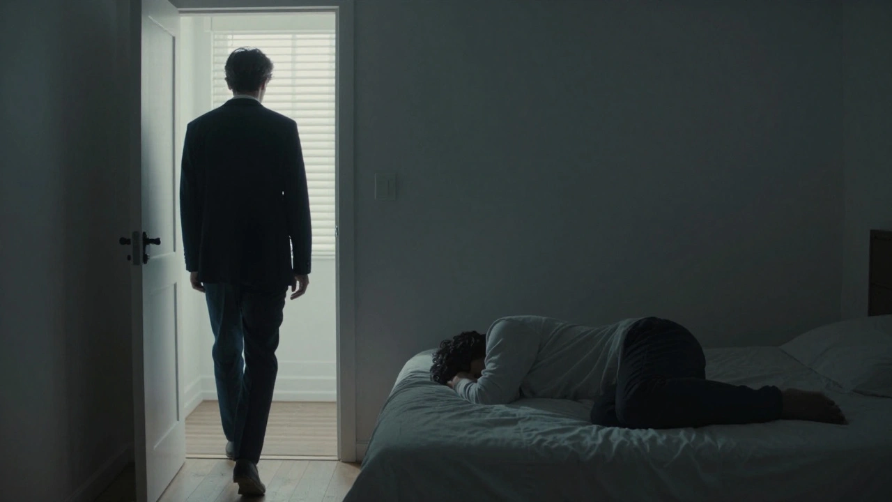 One person leaving a bedroom while another lies alone in bed, morning light highlighting emotional distance.