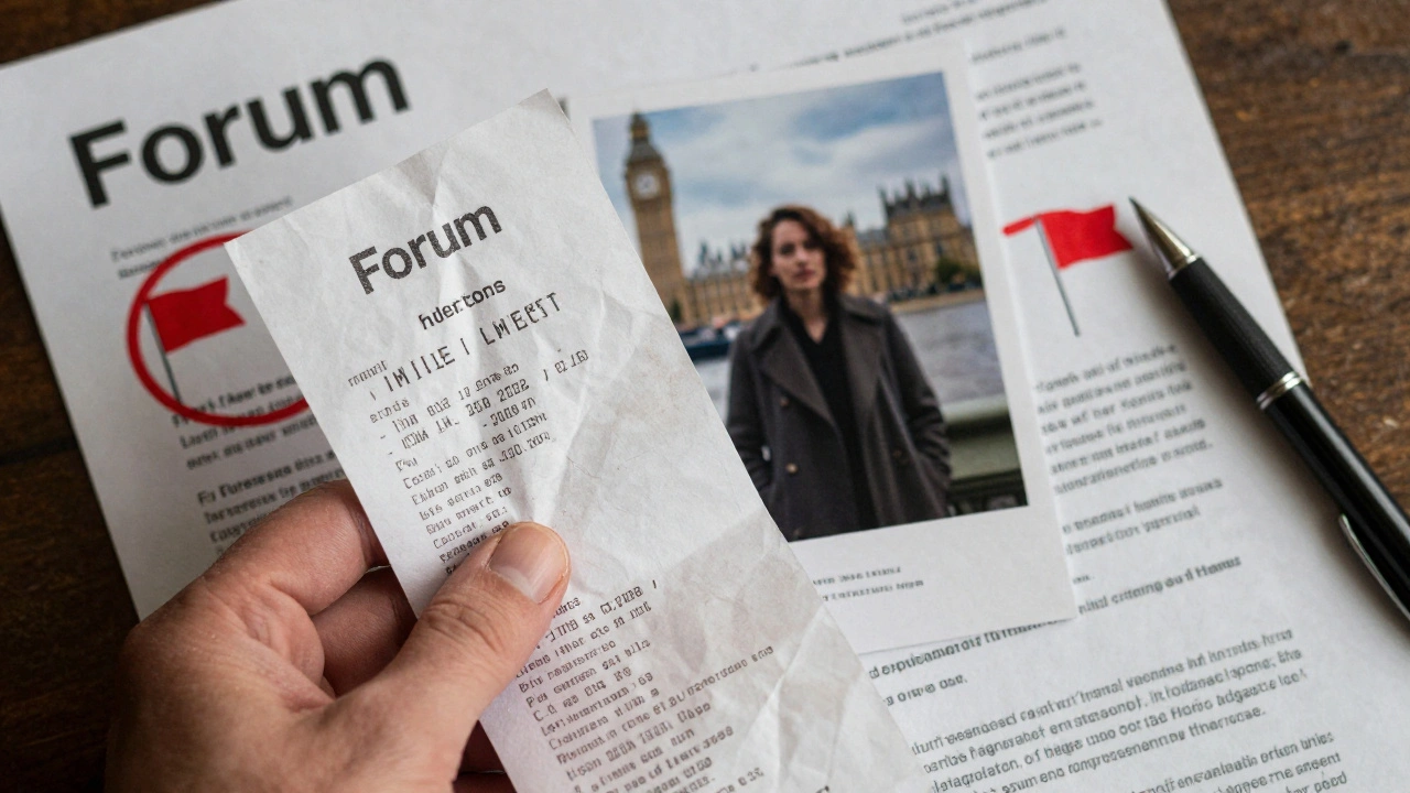 Receipt and photo beside a printed forum page with highlighted warning signs.