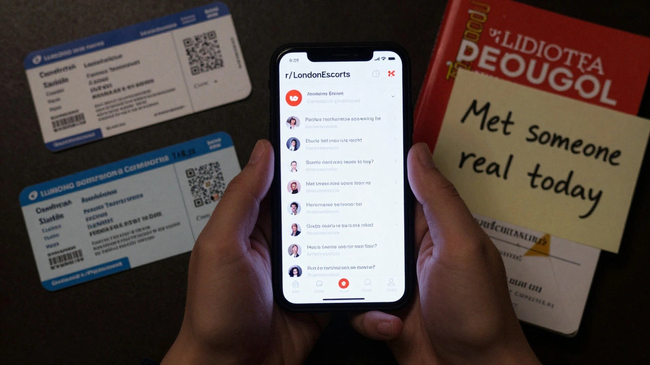 Smartphone displaying a Reddit thread with personal items like a train ticket and phrasebook nearby.