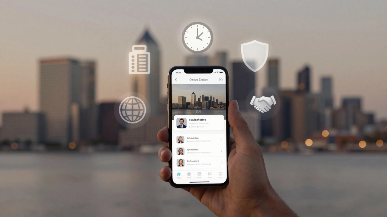 Smartphone showing verified profiles surrounded by symbolic icons of safety and trust.