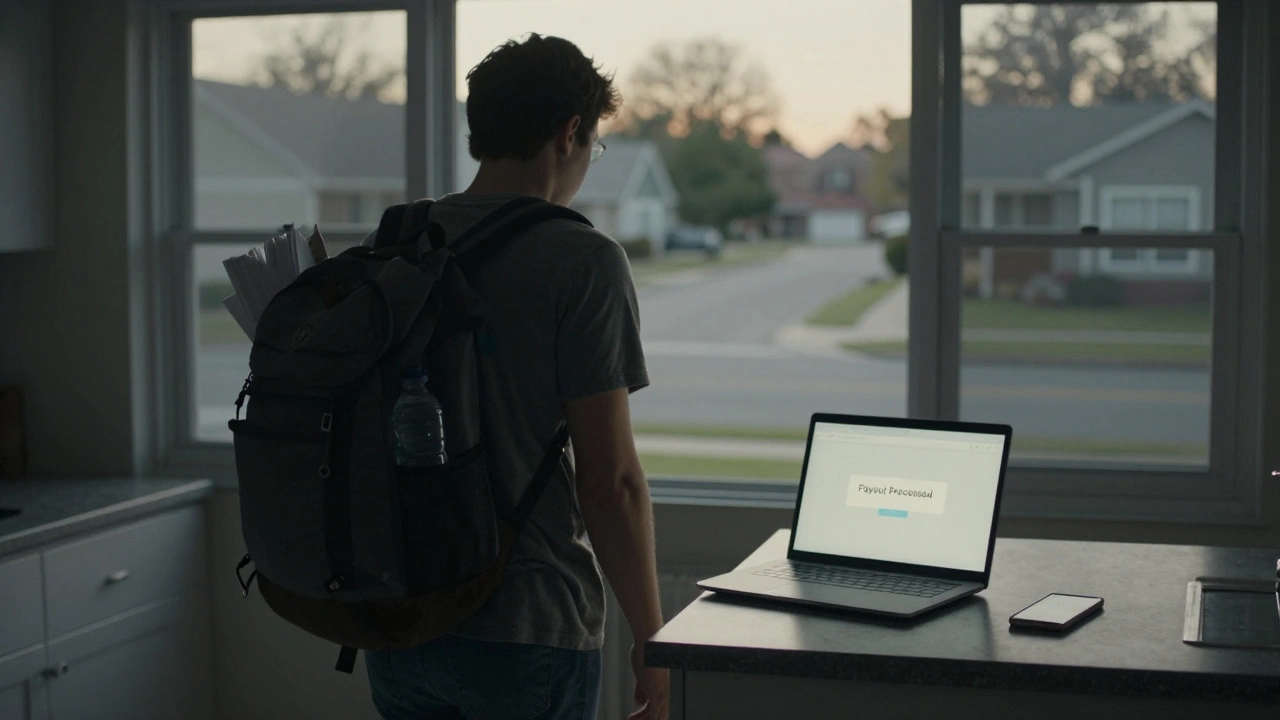 Someone leaving a home workspace at dawn, phone showing successful payout, symbolizing financial autonomy.