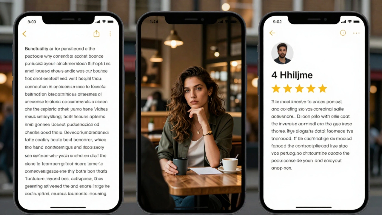 Three authentic review screens showing detailed feedback and natural photos.